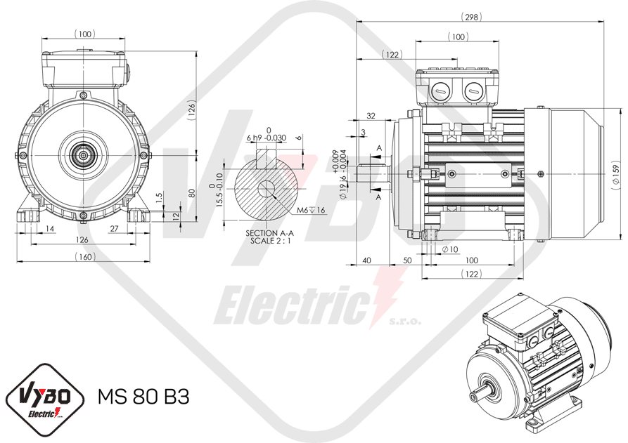 rozmerový výkres elektromotor 0,75kw MS80-2