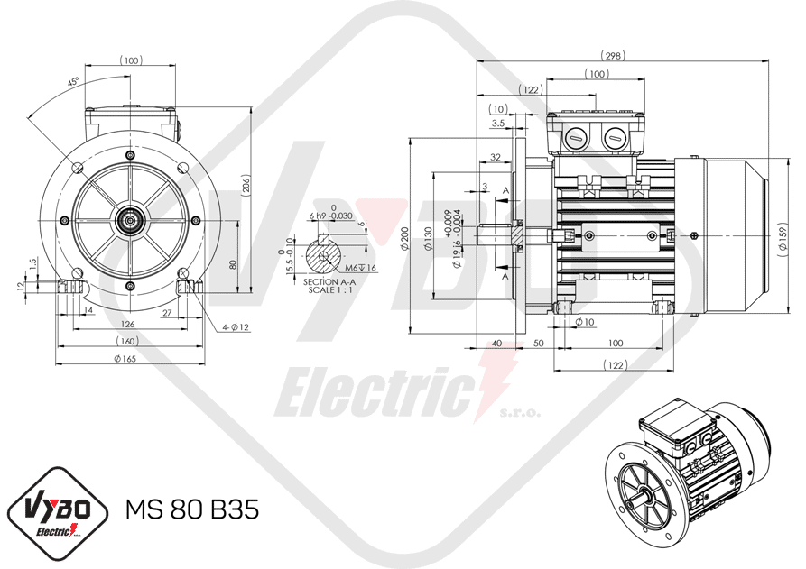 rozmerový výkres elektromotor 0,75kw MS80-4