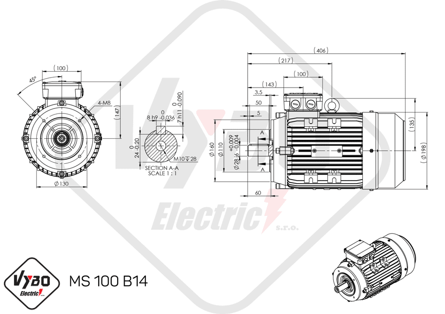 rozmerový výkres elektromotor 1,5 kw MS100-6