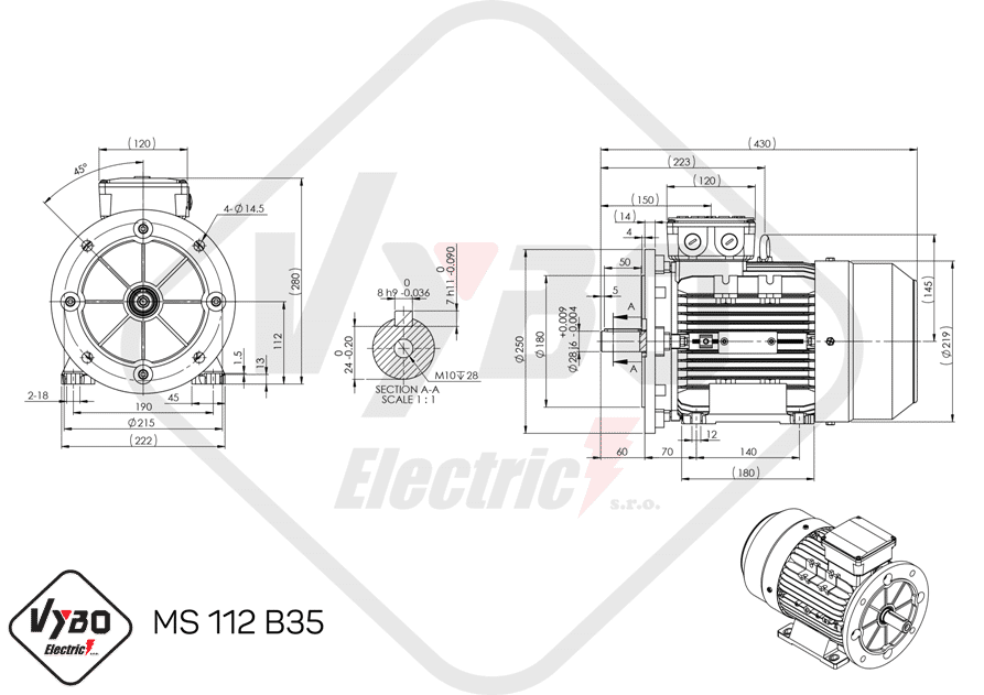 rozmerový výkres elektromotor 2,2 kw MS112-6