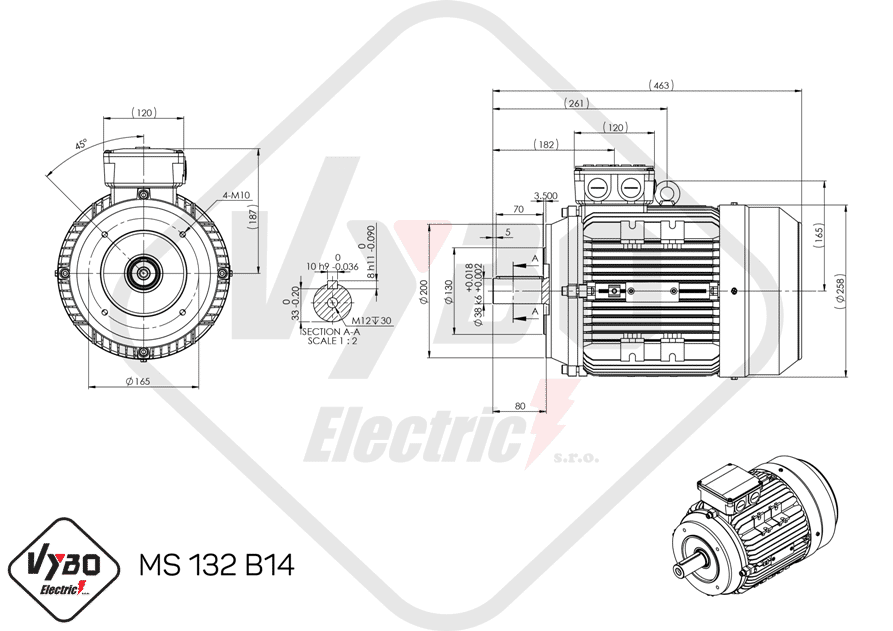rozmerový výkres elektromotor 3 kw MS132-6