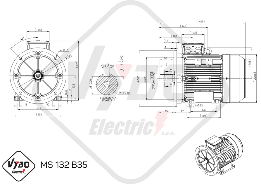 rozmerový výkres elektromotor 3 kw MS132-6