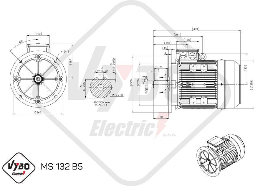 rozmerový výkres elektromotor 4 kw MS132-6