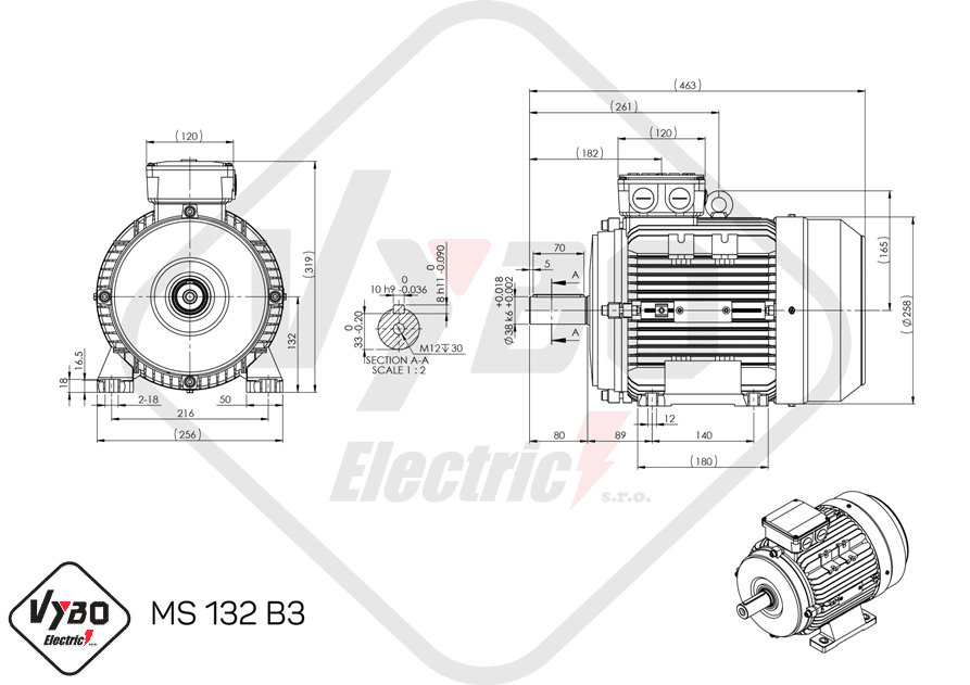 rozmerový výkres elektromotor 7,5kw MS132-4