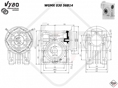 rozměrový výkres šneková převodovka WGMX030 56B14