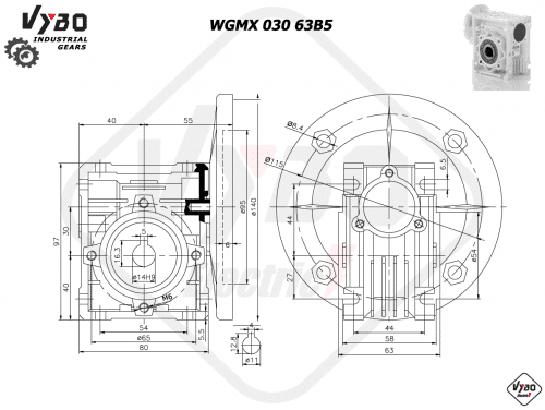 rozměrový výkres šneková převodovka WGMX030 63B5
