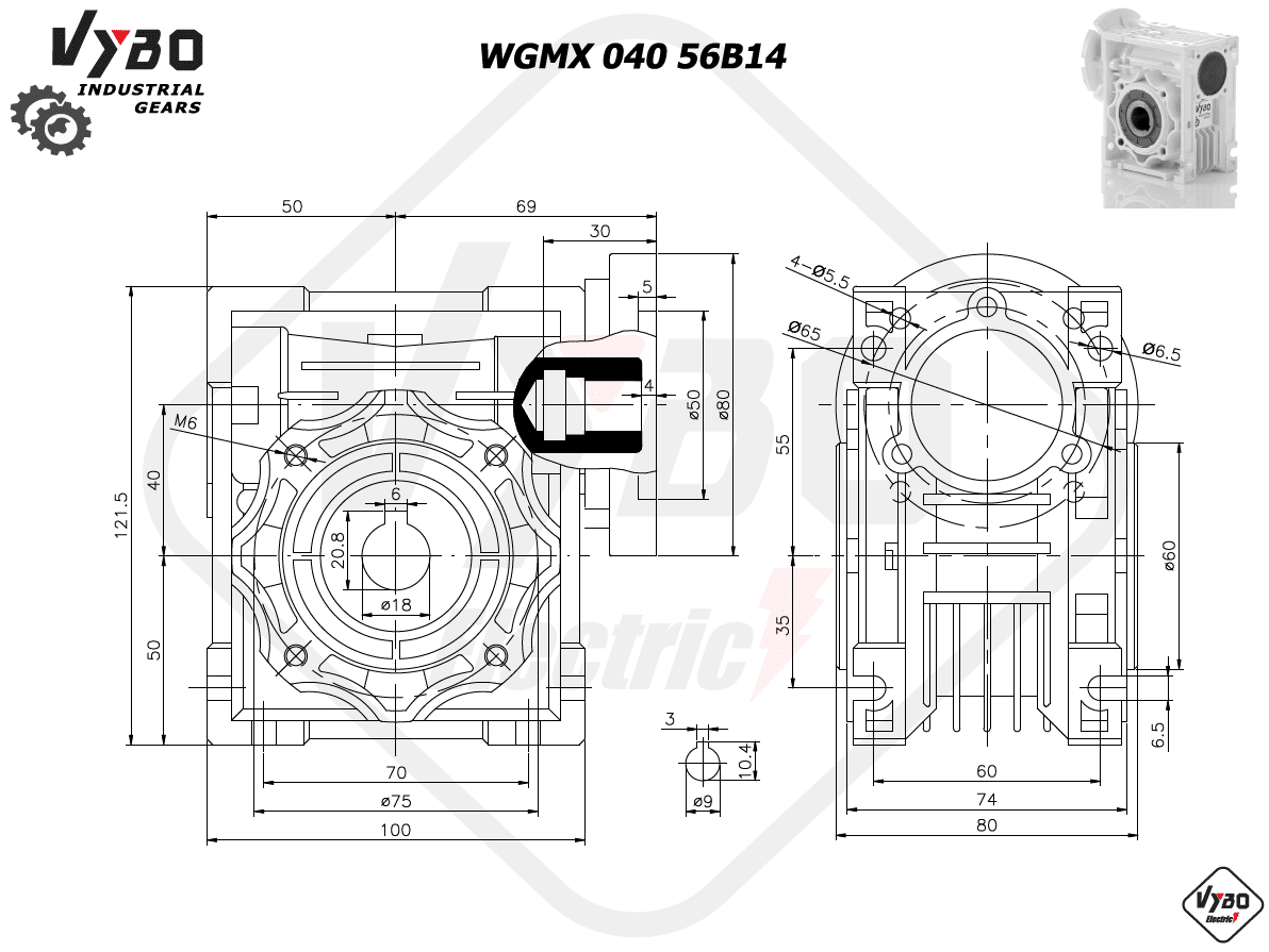 rozměrový výkres šneková převodovka WGMX040 56B14
