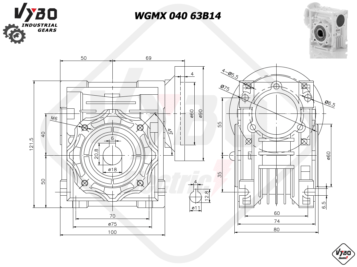 rozměrový výkres šneková převodovka WGMX040 63B14