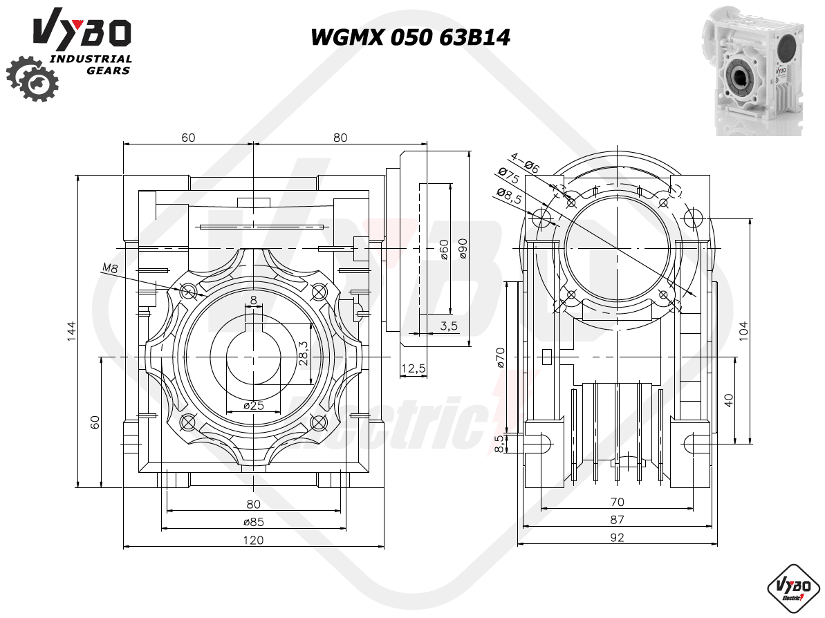 rozměrový výkres šneková převodovka WGMX050 63B14