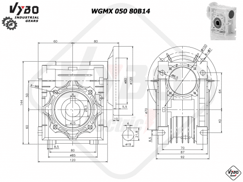rozměrový výkres šneková převodovka WGMX050 80B14