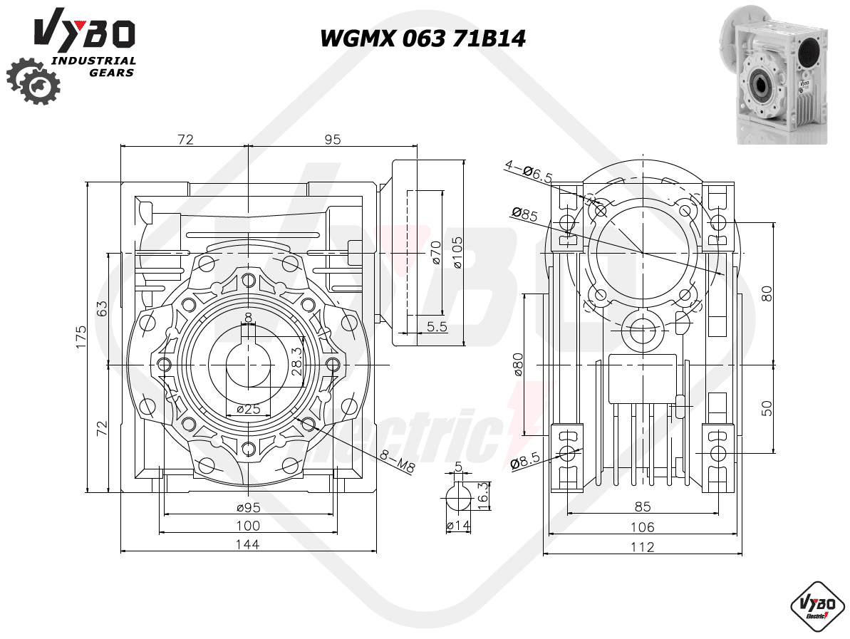 rozměrový výkres šneková převodovka WGMX063 71B14
