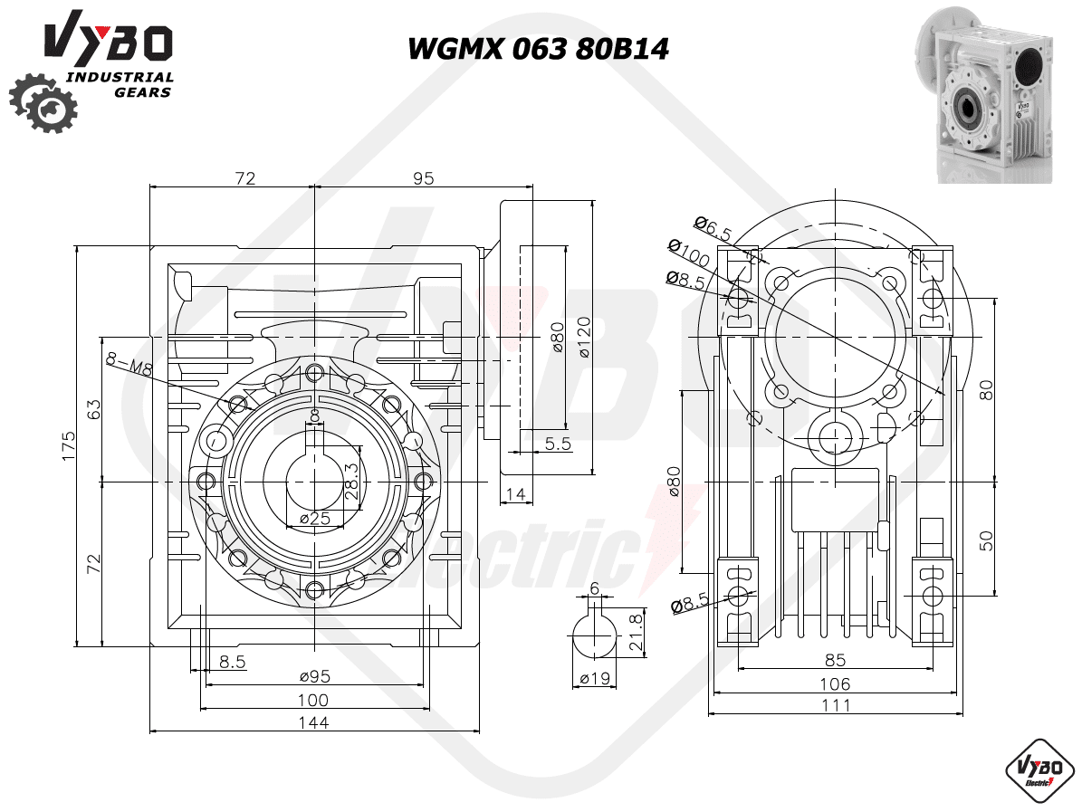 rozměrový výkres šneková převodovka WGMX063 80B14