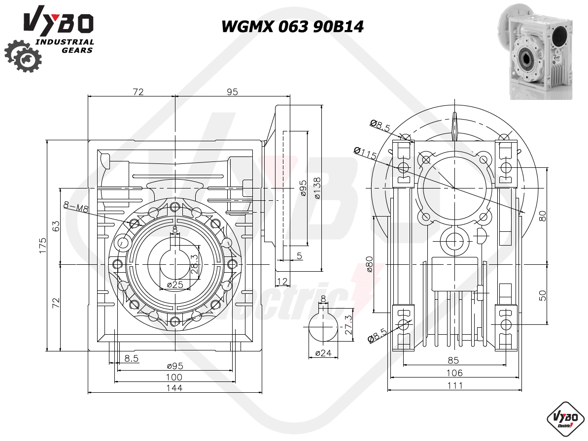 rozměrový výkres šneková převodovka WGMX063 90B14