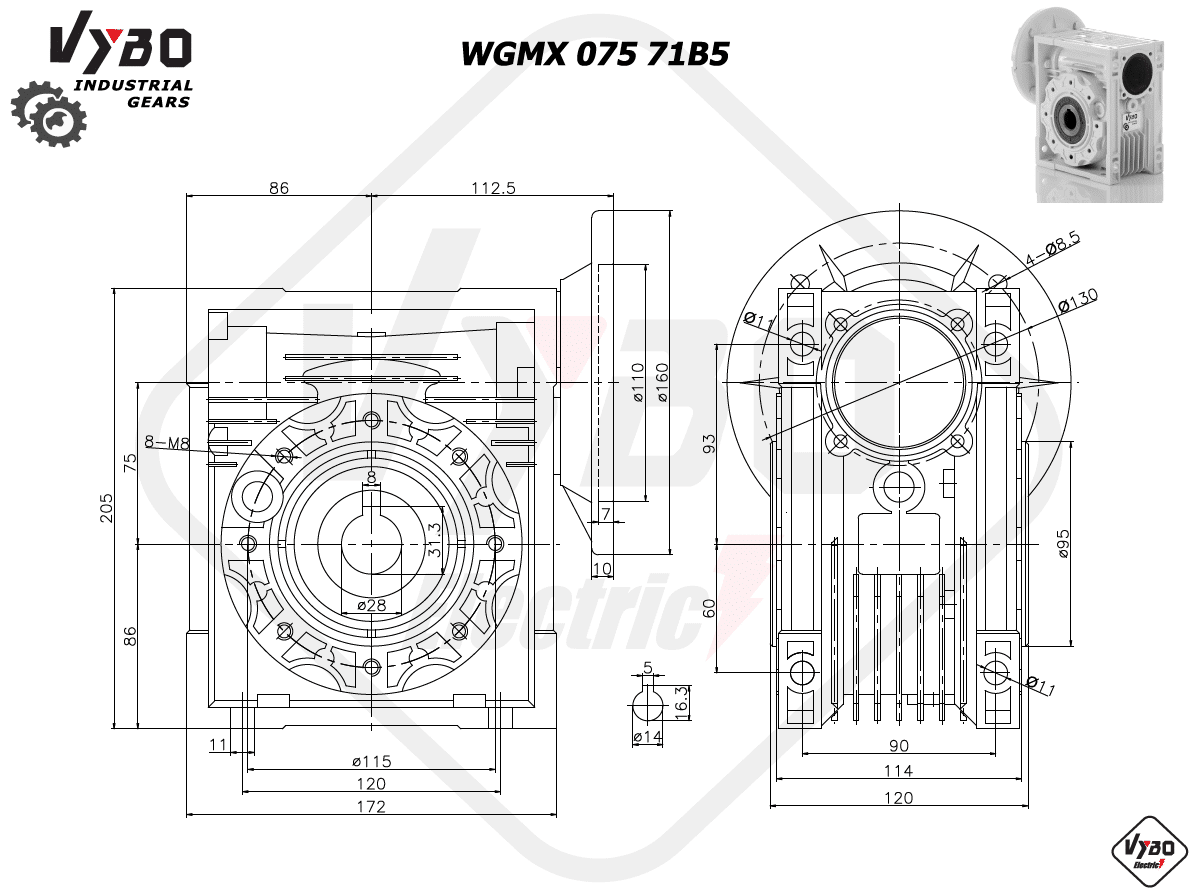 rozměrový výkres šneková převodovka WGMX075 71B5