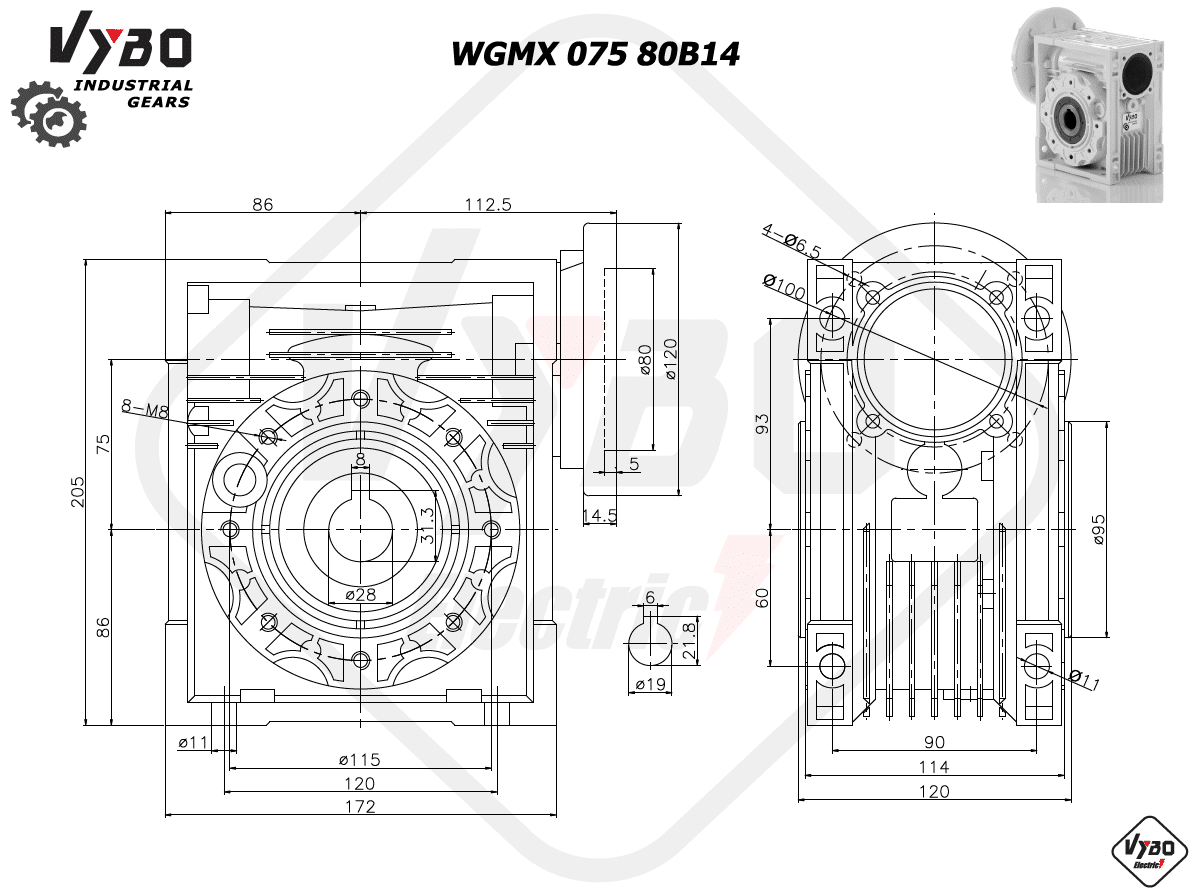rozměrový výkres šneková převodovka WGMX075 71B5
