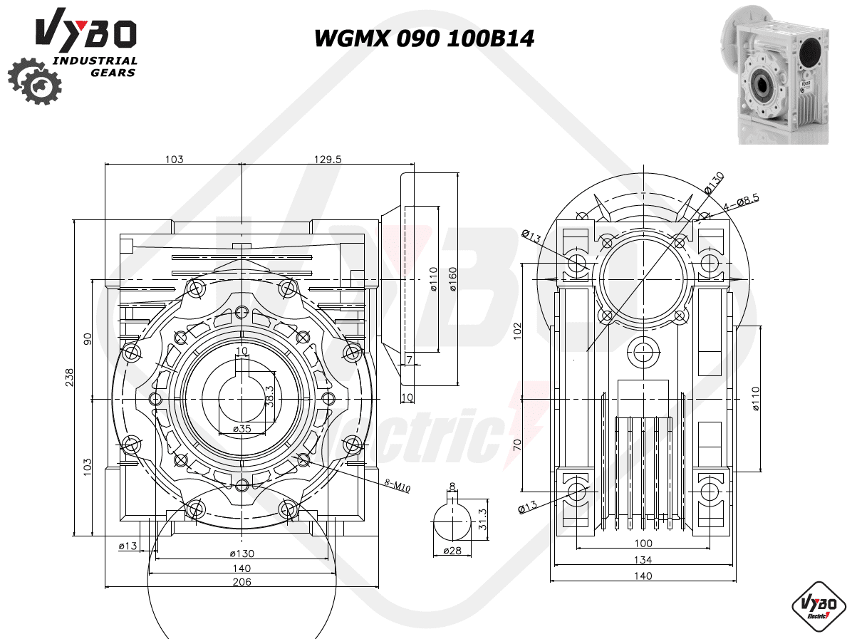 rozměrový výkres šneková převodovka WGMX090 100B14