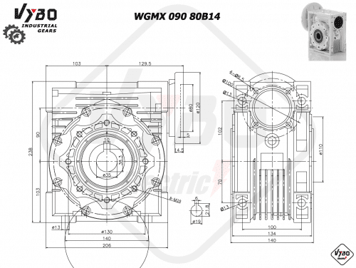 rozměrový výkres šneková převodovka WGMX090 80B14