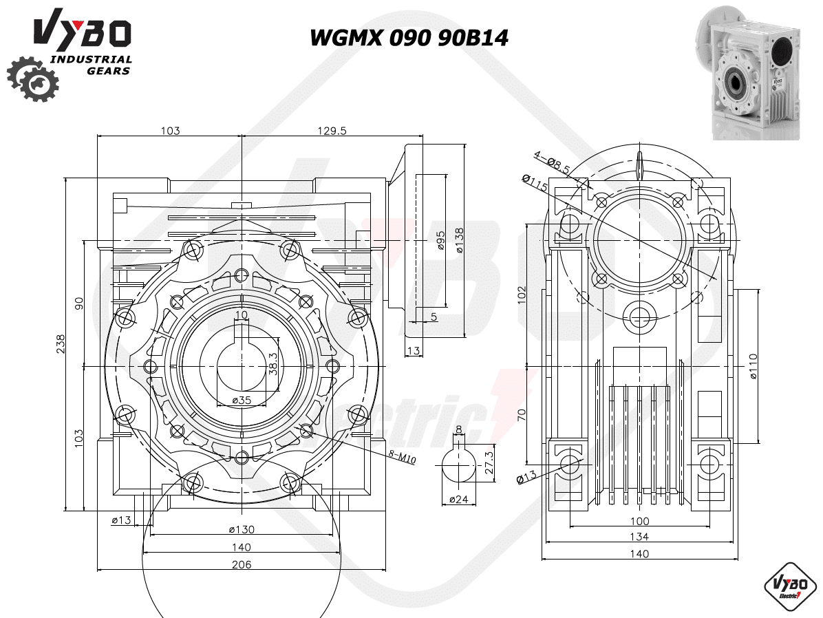 rozměrový výkres šneková převodovka WGMX090 90B14