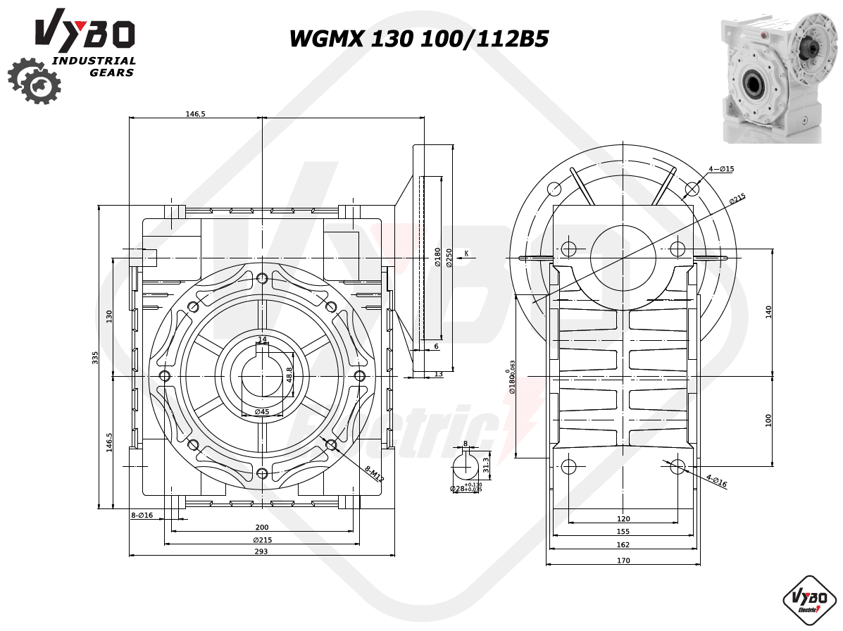 rozměrový výkres šneková převodovka WGMX130 100,112B5