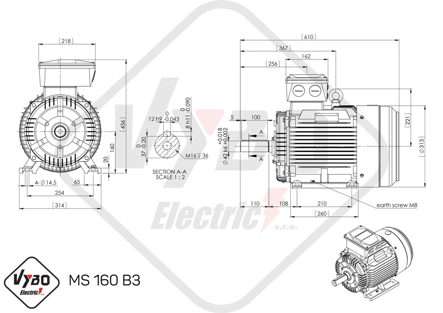 rozmerový výkres elektromotor 11kw MS160-4