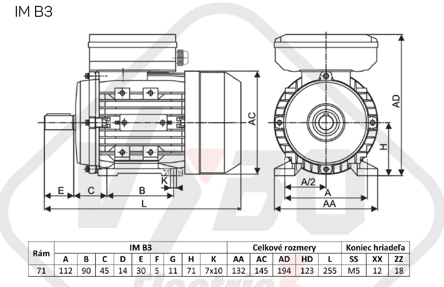 rozmerový výkres jednofázový elektromotor 0,25kw 1ML711-4
