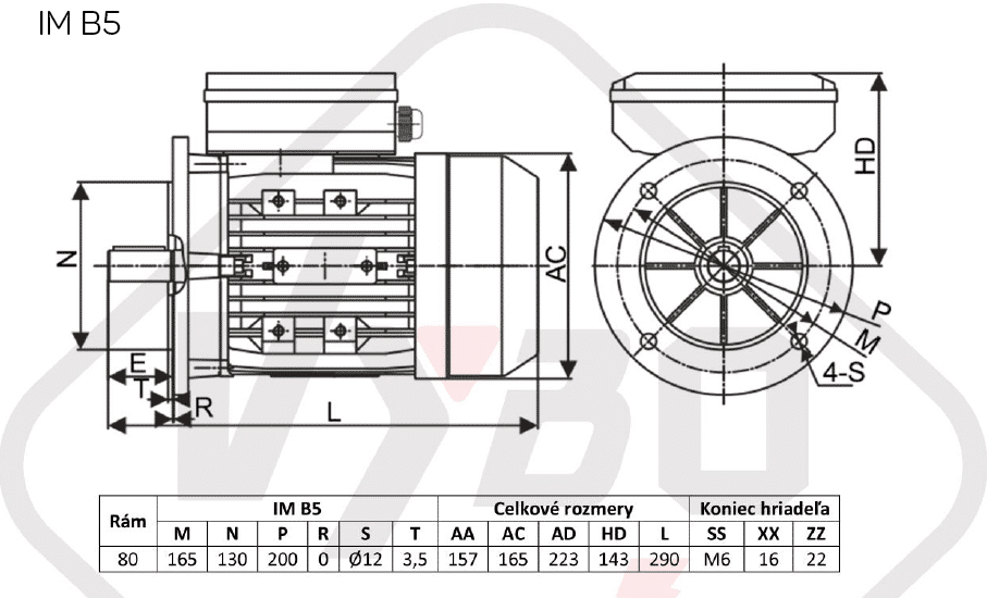 rozmerový výkres jednofázový elektromotor 0,75kw 1ML802-4