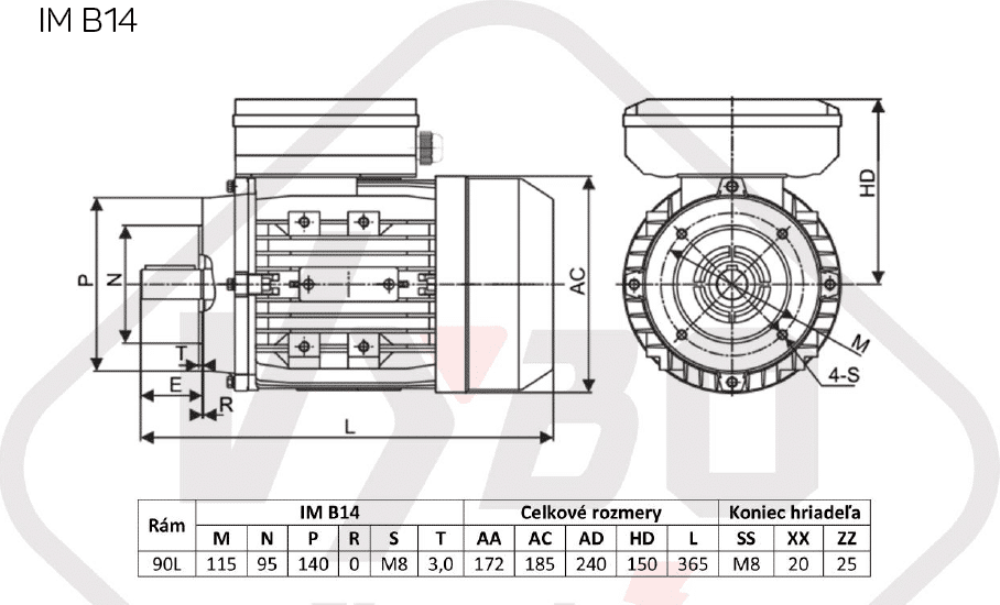 rozmerový výkres jednofázový elektromotor 1,1kw 1ML90L1-4