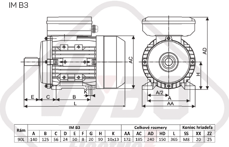 rozmerový výkres jednofázový elektromotor 1,1kw 1ML90L1-4