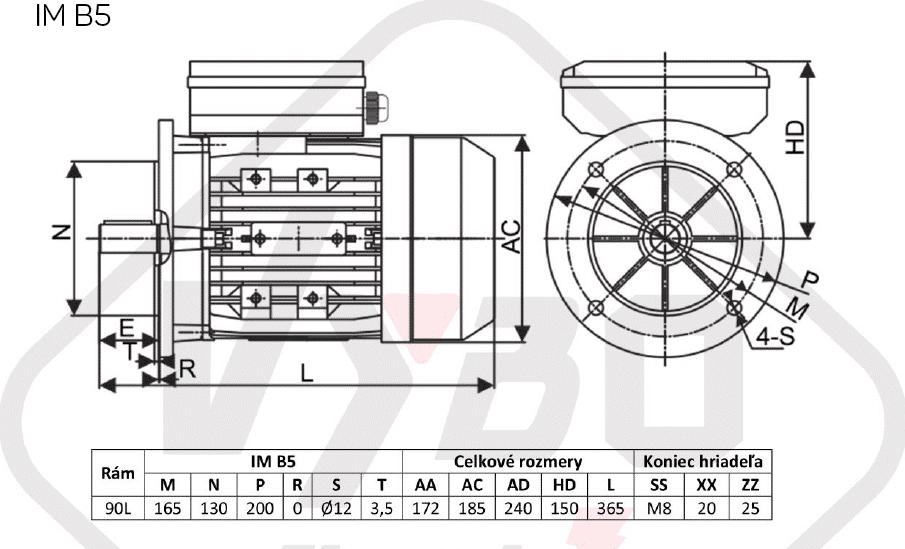 rozmerový výkres jednofázový elektromotor 1.5kw 1ML90L1-2