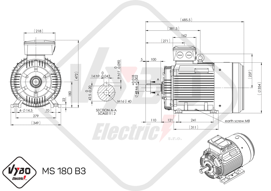 rozmerový výkres elektromotor 15 kw MS180-6