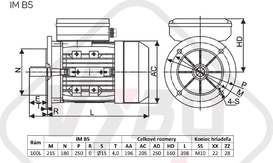 rozmerový výkres jednofázový elektromotor 2,2kw 1ML100L1-4