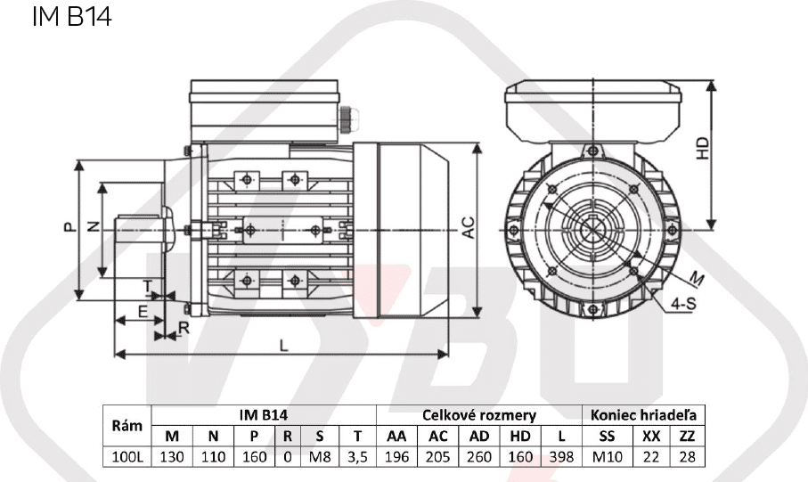 rozmerový výkres jednofázový elektromotor 2,2kw 1ML100L1-4