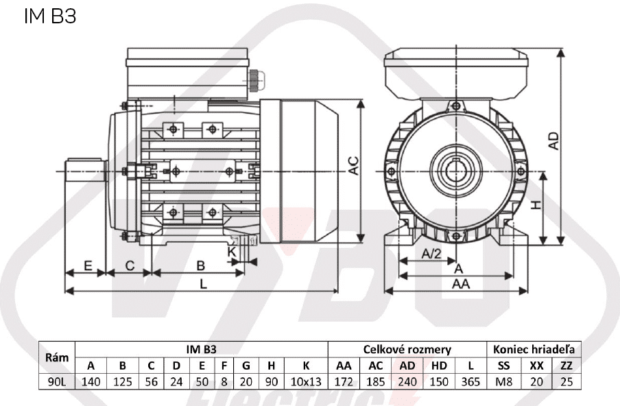 rozmerový výkres jednofázový elektromotor 2.2kw 1ML90L2-2