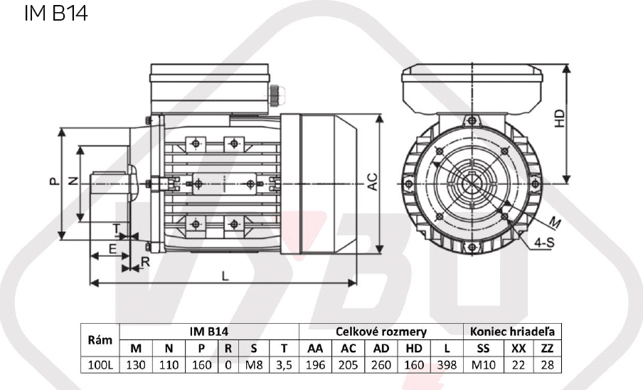 rozmerový výkres jednofázový elektromotor 3kw 1ML100L-2