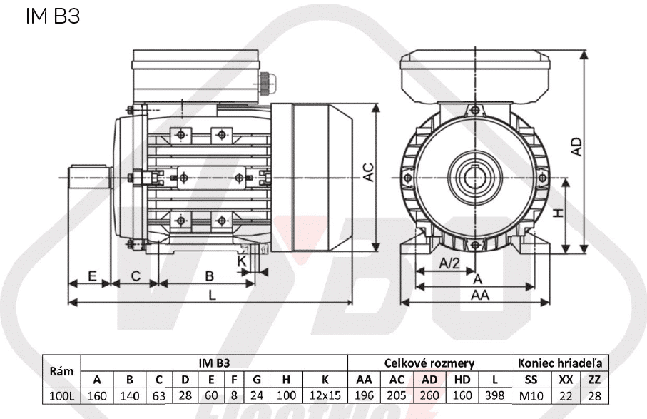 rozmerový výkres jednofázový elektromotor 3kw 1ML100L-2