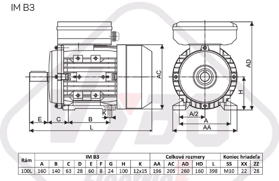 rozmerový výkres jednofázový elektromotor 3kw 1ML100L2-4