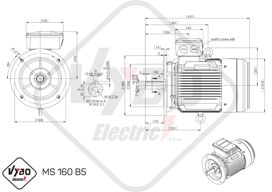 rozmerový výkres elektromotor 7.5 kw MS160-6