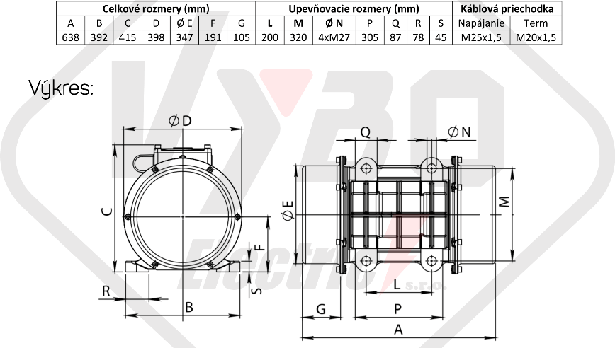 rozměry vibrační elektromotor BM7000-15
