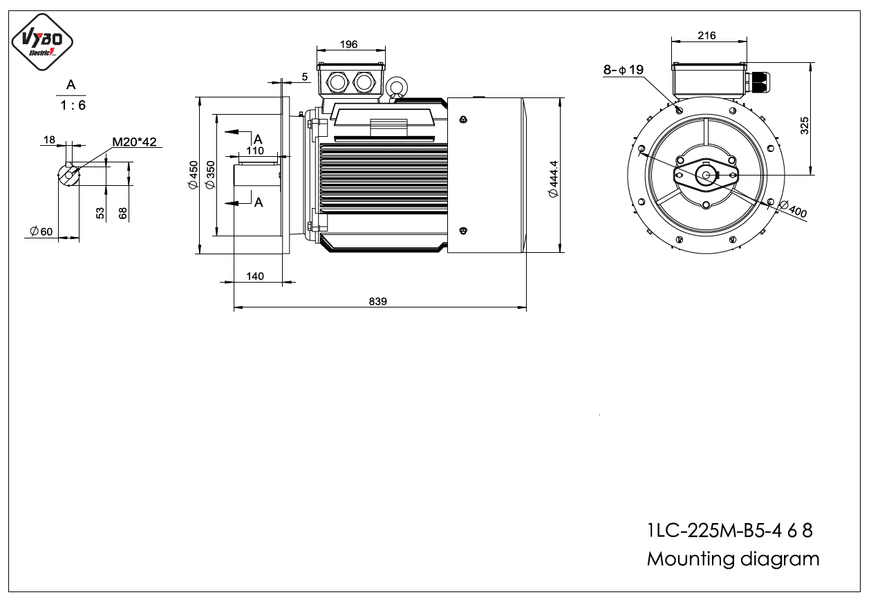 rozměrový výkres elektromotor 1LC 225M B5